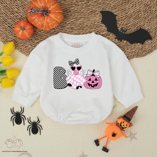 Boo Ghost Halloween Bubble Romper Sweatshirt: Cute Baby Girl Outfit with Checkered Ghost & Jack-o'-Lantern Bows, Trendy Halloween Costume, Fall Baby Clothes