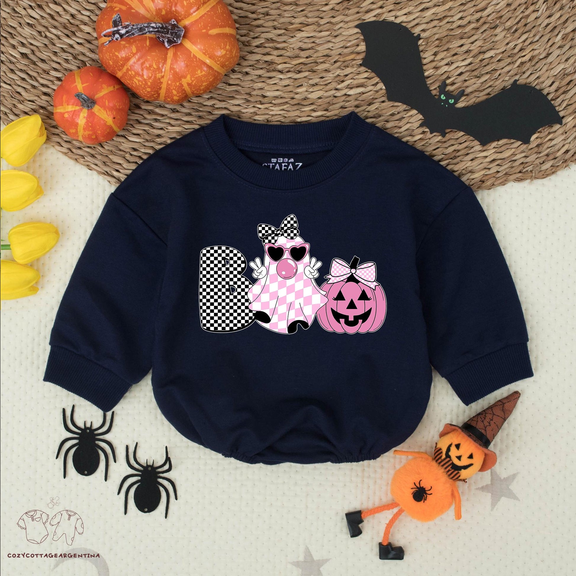 Boo Ghost Halloween Bubble Romper Sweatshirt: Cute Baby Girl Outfit with Checkered Ghost & Jack-o'-Lantern Bows, Trendy Halloween Costume, Fall Baby Clothes