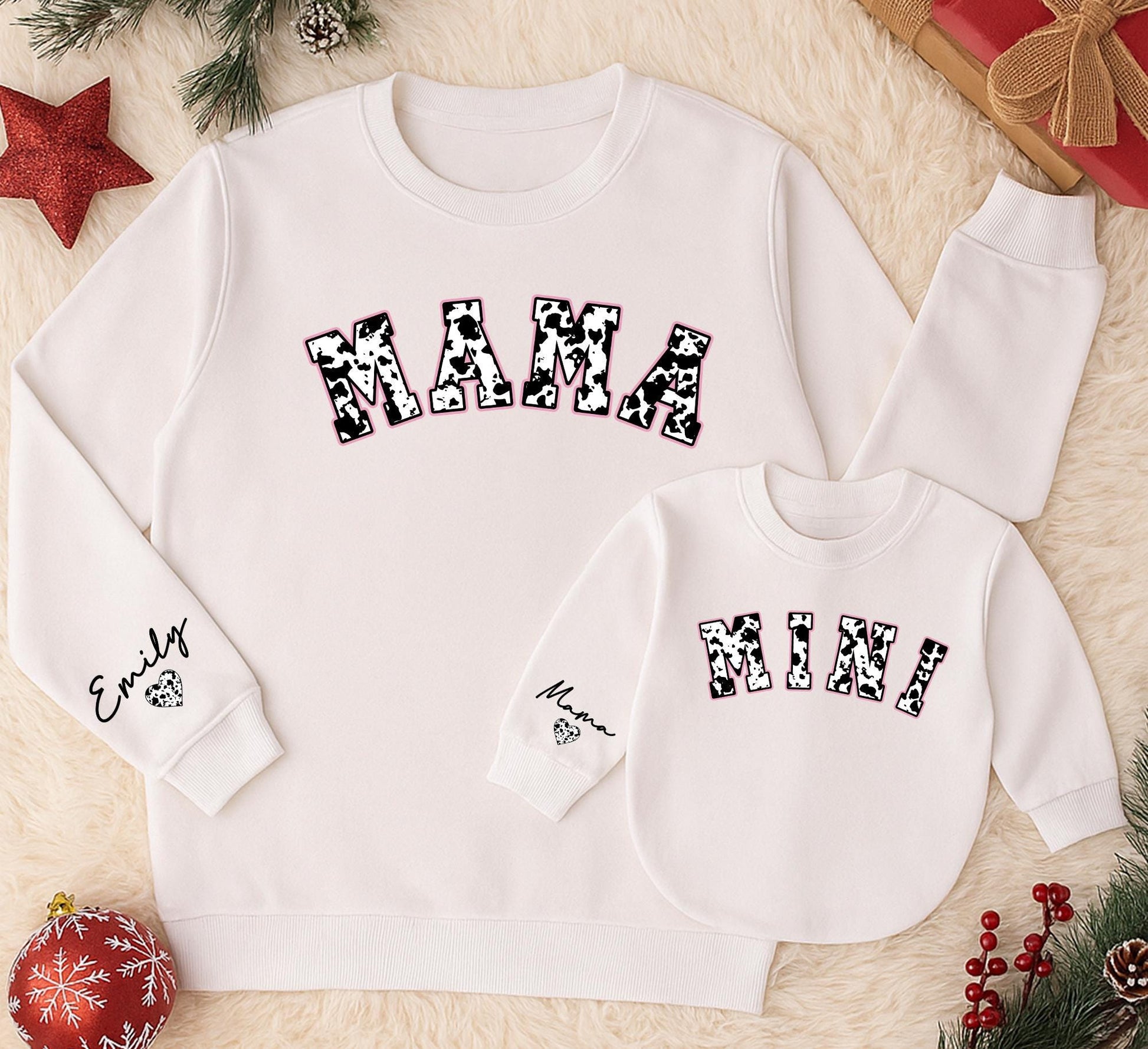 Personalized Mama & Mini Cowhide Matching Sweatshirts, Custom Name Western Christmas Outfit, Mom and Baby Girl Set, Country Holiday, Winter Clothes