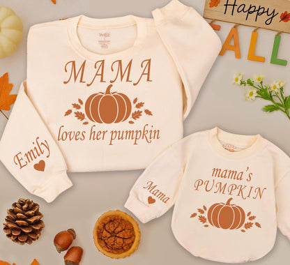Mama Loves Her Pumpkin Mommy and Me Matching Fall Sweatshirts with Pumpkin Leaf Graphics for Kids and Toddlers