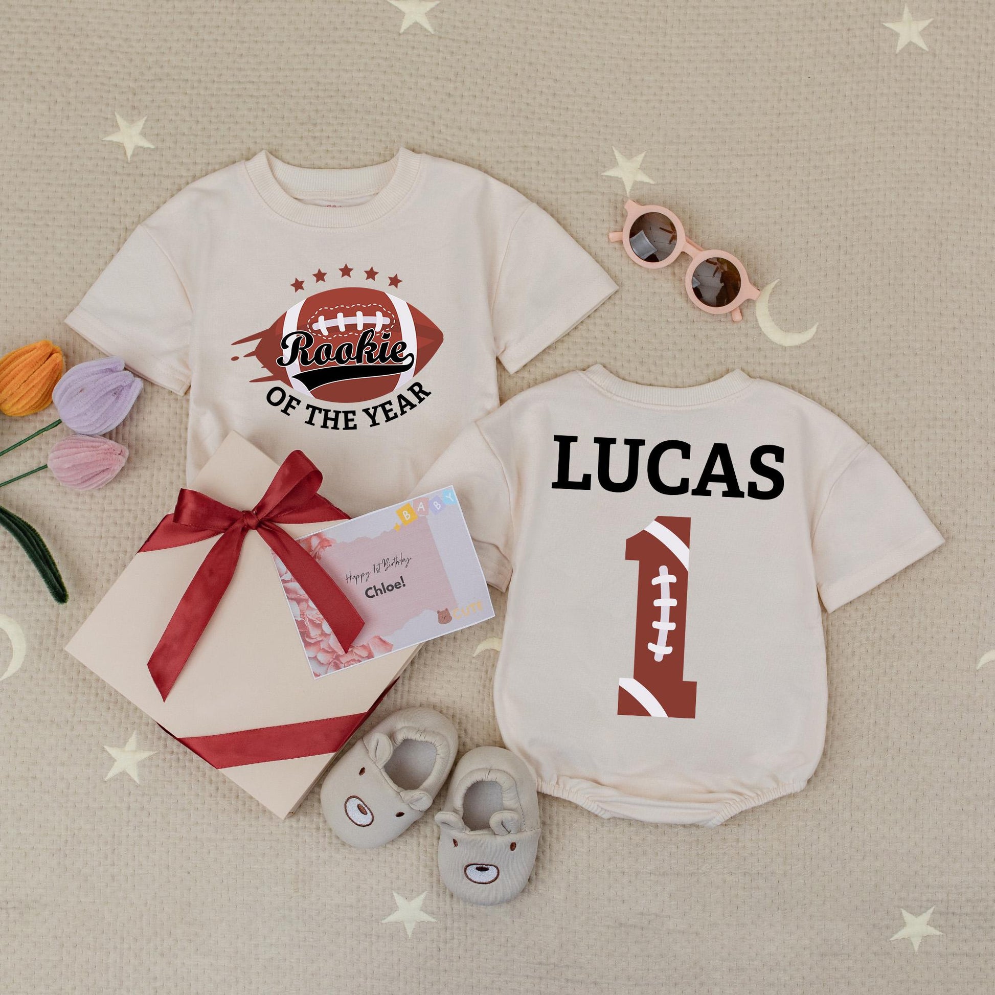 Custom Rookie of the Year 1st Birthday Boy Romper, Personalized Football Outfit, Lucas Name Shirt, Burgundy Black White Sports Design Baby