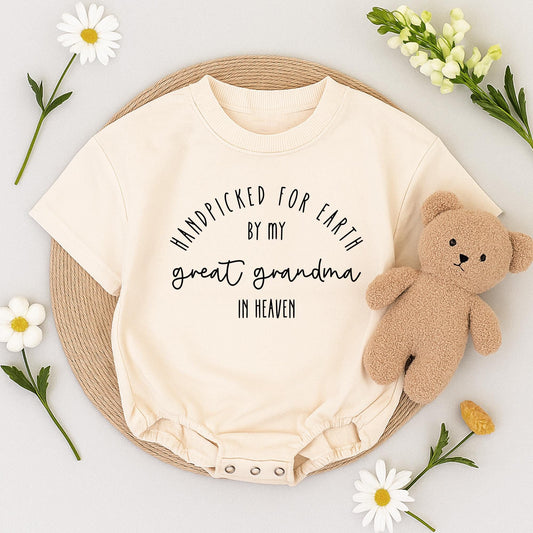 Custom Baby Bodysuit Handpicked for Earth by My Great Grandma in Heaven Sentimental Newborn Romper Perfect Shower Gift Black