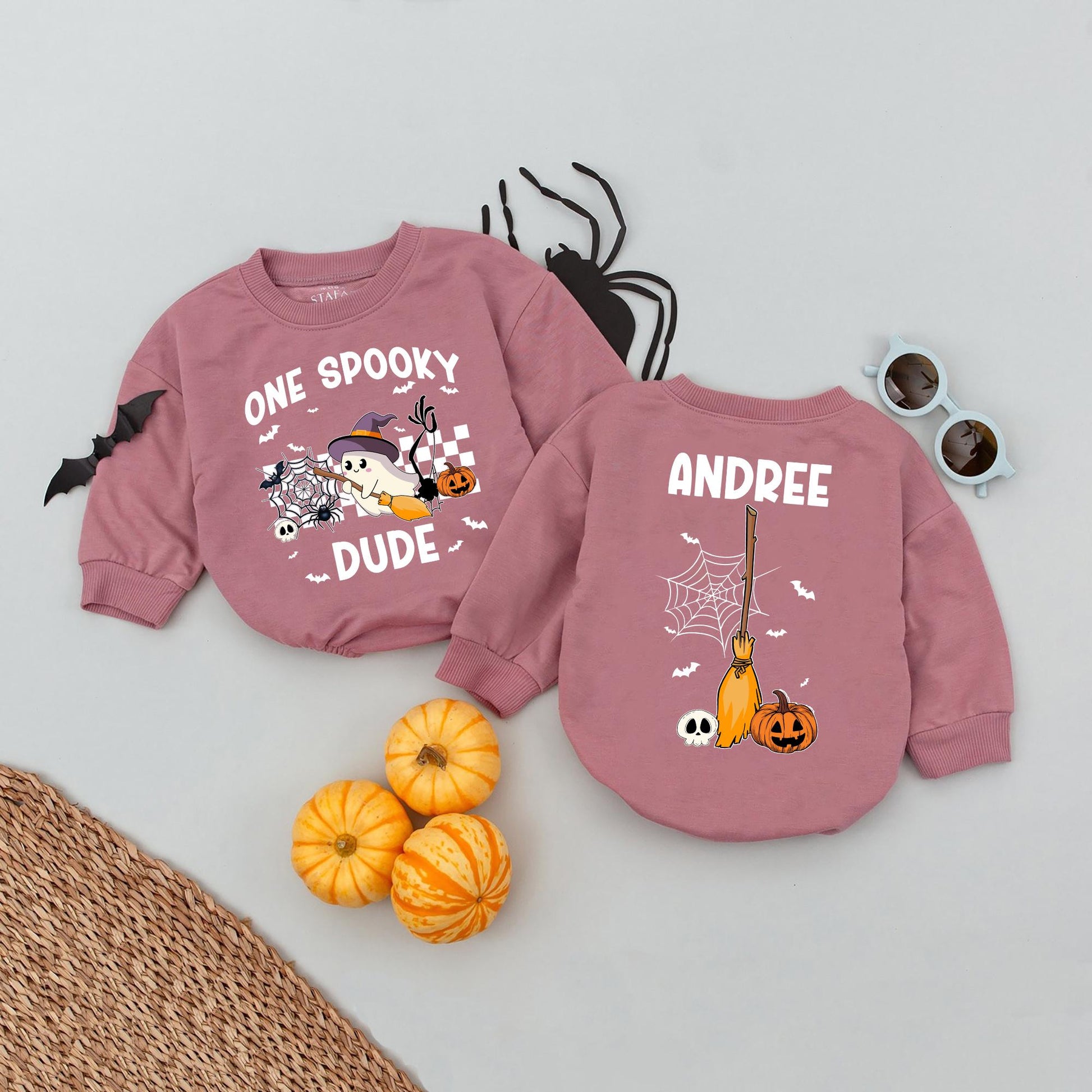 Personalized Spooky Dude Romper, First Halloween Baby Boy Outfit, Witch Hat Ghost Bodysuit, Custom Name Fall Birthday Spider Web Bats, 138