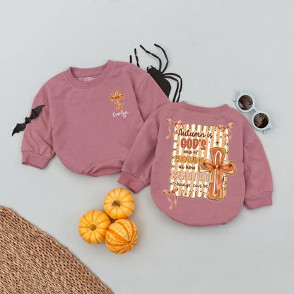 Everlyn Autumn Christian Bubble Romper with Cross and Orange Bows God's Way of Showing Beautiful Change Baby Girl Outfit