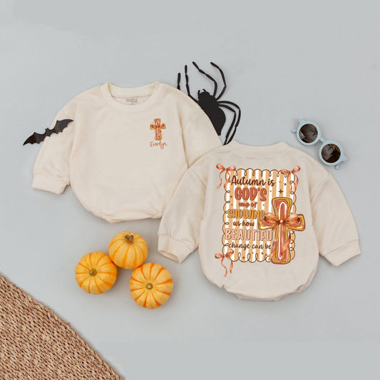 Everlyn Autumn Christian Bubble Romper with Cross and Orange Bows God's Way of Showing Beautiful Change Baby Girl Outfit