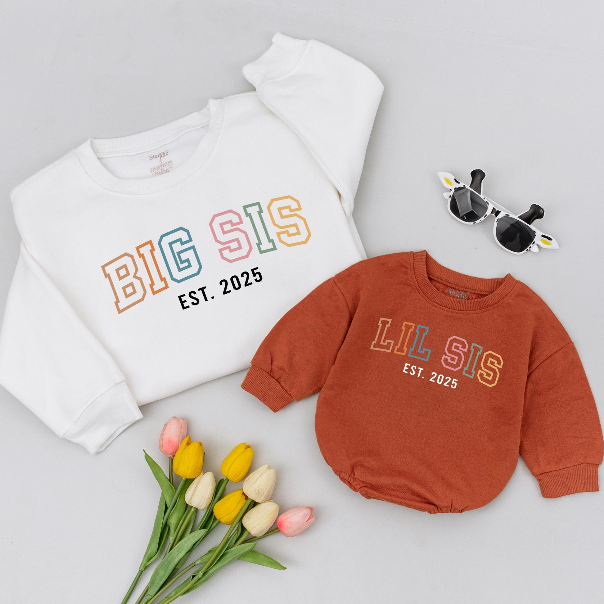 Big Sis Lil Sis Matching Sister Shirts Est. 2025 Outfit Set, Colorful Sibling Tees, Cute New Baby Gift for Girls, Toddler Matching Outfits (138 chars)