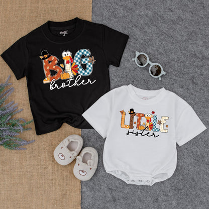 Thanksgiving Big Sister Little Sister Matching Outfit, Turkey & Plaid Fall Tee for Girls, Personalized Autumn Holiday T-Shirt, Custom Sister Set 137