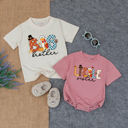 Thanksgiving Big Sister Little Sister Matching Outfit, Turkey & Plaid Fall Tee for Girls, Personalized Autumn Holiday T-Shirt, Custom Sister Set 137