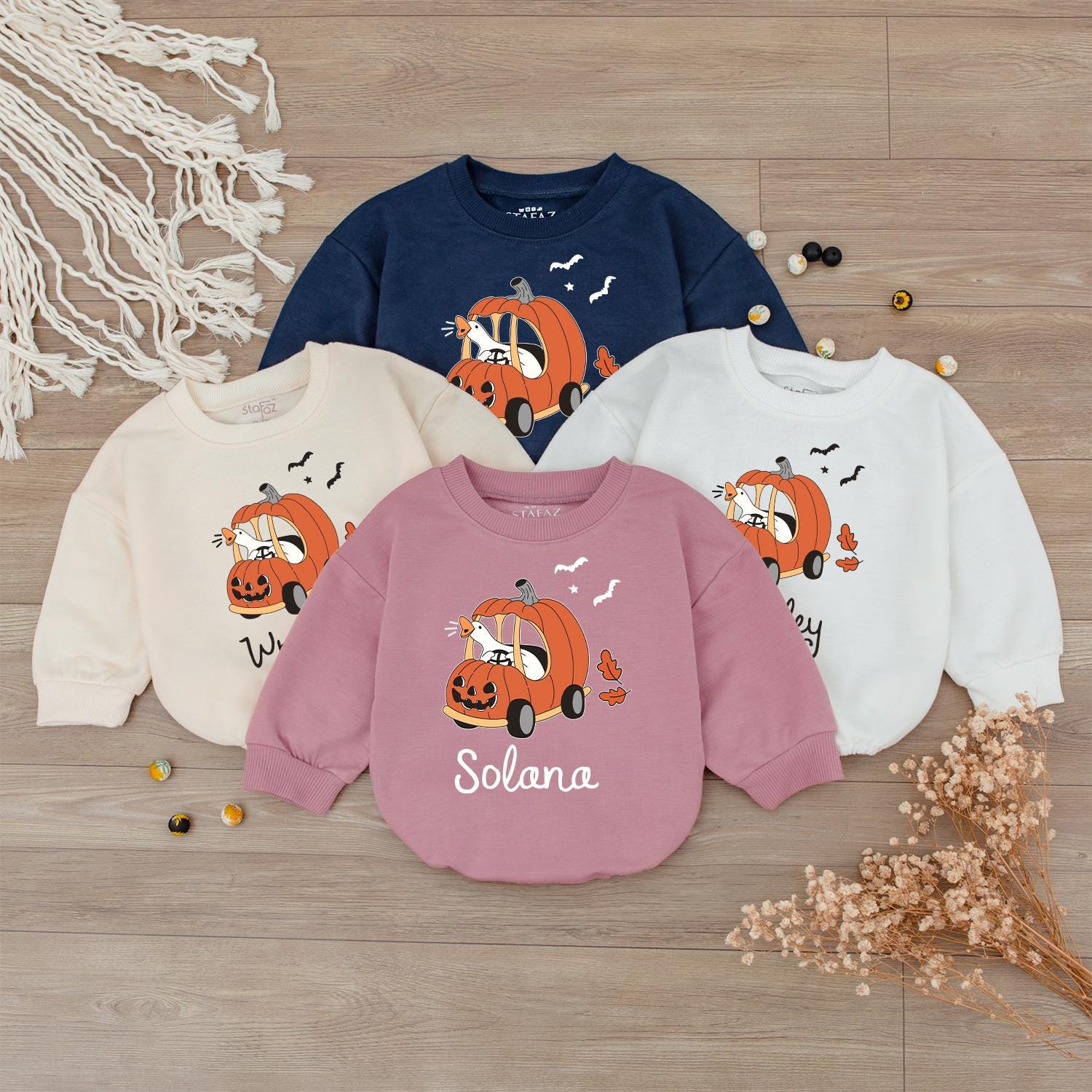 Personalized Halloween Pumpkin Car Baby Outfit Cat Driving Jack-o'-lantern Design Matching Fall Toddler Sweatshirt with Flying Bats Autumn Leaf