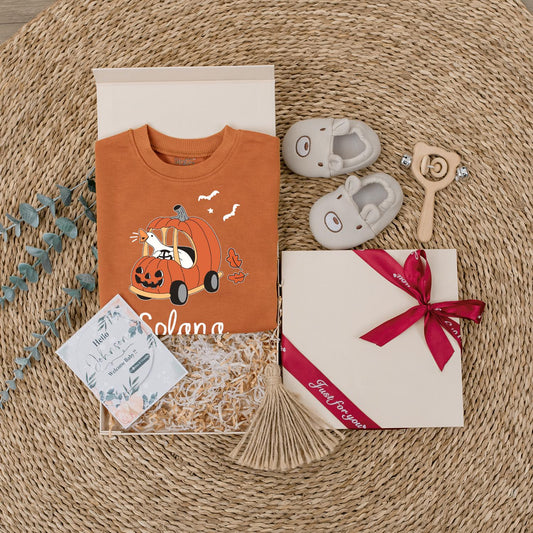 Personalized Halloween Pumpkin Car Baby Outfit Cat Driving Jack-o'-lantern Design Matching Fall Toddler Sweatshirt with Flying Bats Autumn Leaf