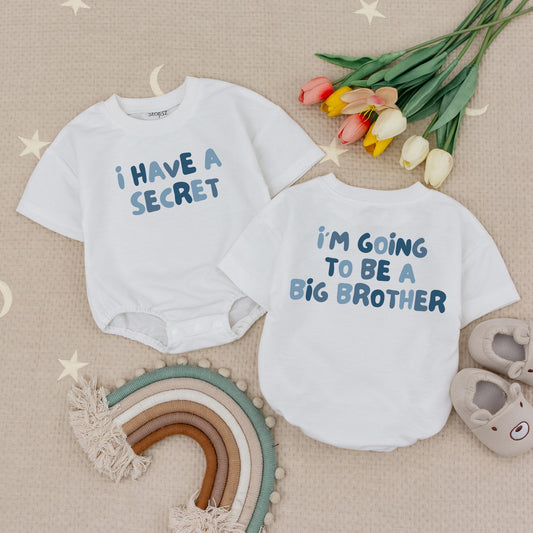 I Have A Secret Big Brother Announcement Bubble Romper Blue Two Tone Cotton Baby Shower Gift