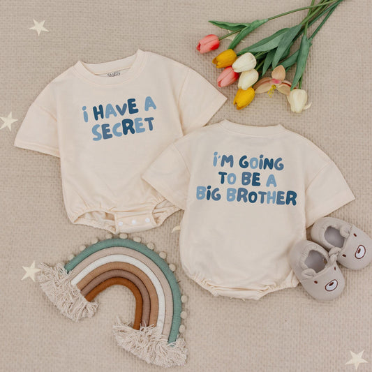 I Have A Secret Big Brother Announcement Bubble Romper Blue Two Tone Cotton Baby Shower Gift