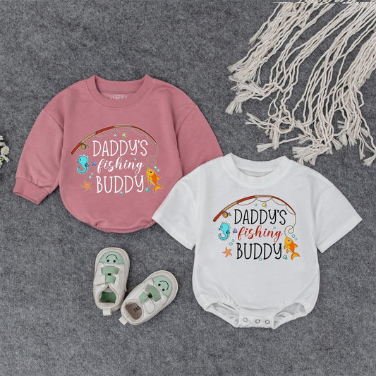 Daddy's Fishing Buddy Romper: Reel Cute Baby Boy Outfit, Lake Day Fun! Infant Bodysuit with Seahorse & Starfish, Fishing Theme Baby Shower Gift (138 chars)