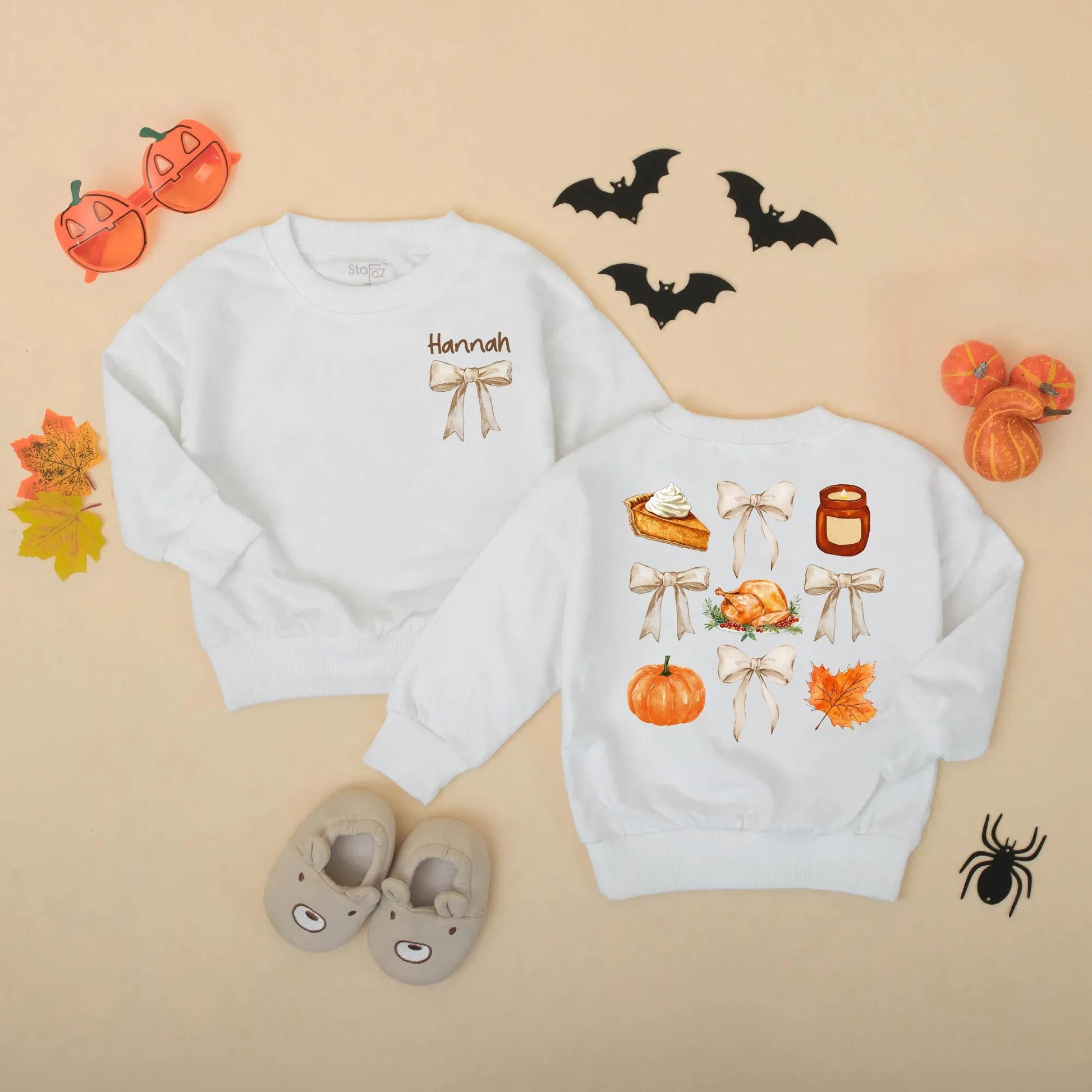 Personalized Thanksgiving Baby Romper with Bows, Custom Name Fall Outfit for Baby Girl, Retro Vintage Bodysuit, Autumn Gift
