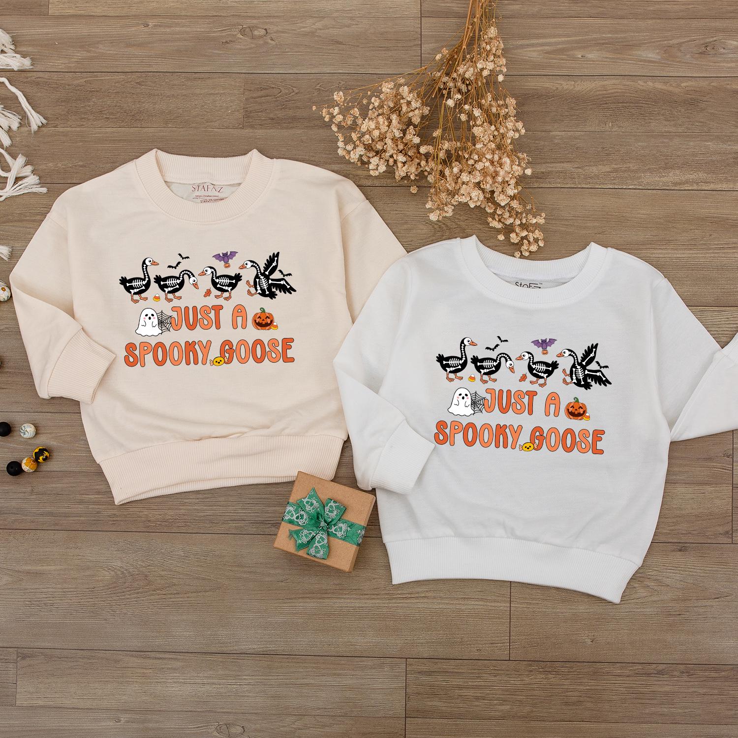 Spooky Goose Baby Halloween Sweatshirt: Cute Fall Toddler Pullover with Pumpkin, Ghost & Bats, Autumn Kids Outfit