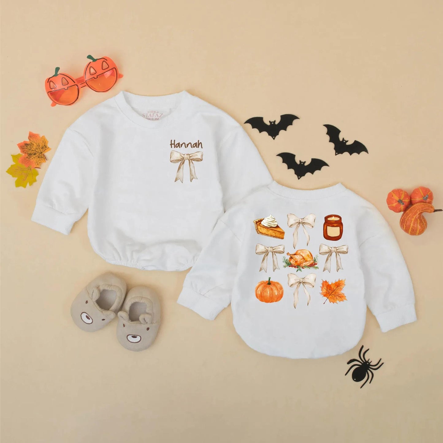 Personalized Thanksgiving Baby Romper with Bows, Custom Name Fall Outfit for Baby Girl, Retro Vintage Bodysuit, Autumn Gift