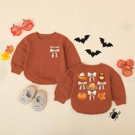 Personalized Thanksgiving Baby Romper with Bows, Custom Name Fall Outfit for Baby Girl, Retro Vintage Bodysuit, Autumn Gift