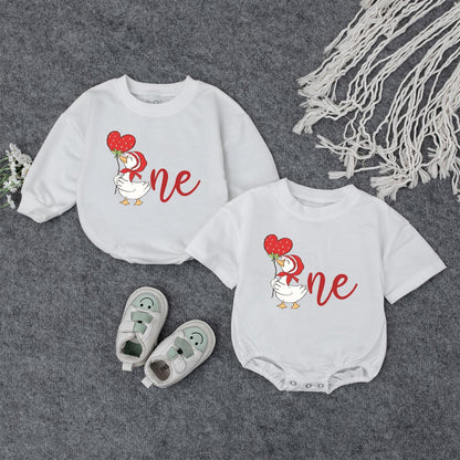 Cute Duck with Strawberry Balloon First Birthday Outfit Baby Girl Boy Red Bonnet 1st Birthday Clothes Toddler Bodysuit Cheerful