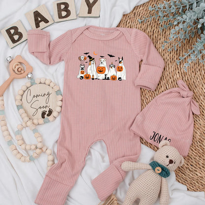 Cute Halloween Ghost Dogs Baby Bodysuit with Pumpkins and Bats Funny Spooky Newborn Romper Ideal Baby Shower Gift