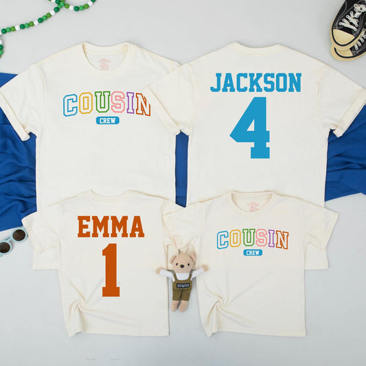 Matching Cousin Crew Shirts, Custom Family Vacation Tees, Kids Name & Age Shirts, Cousin Trip Gift, Colorful Design Cotton