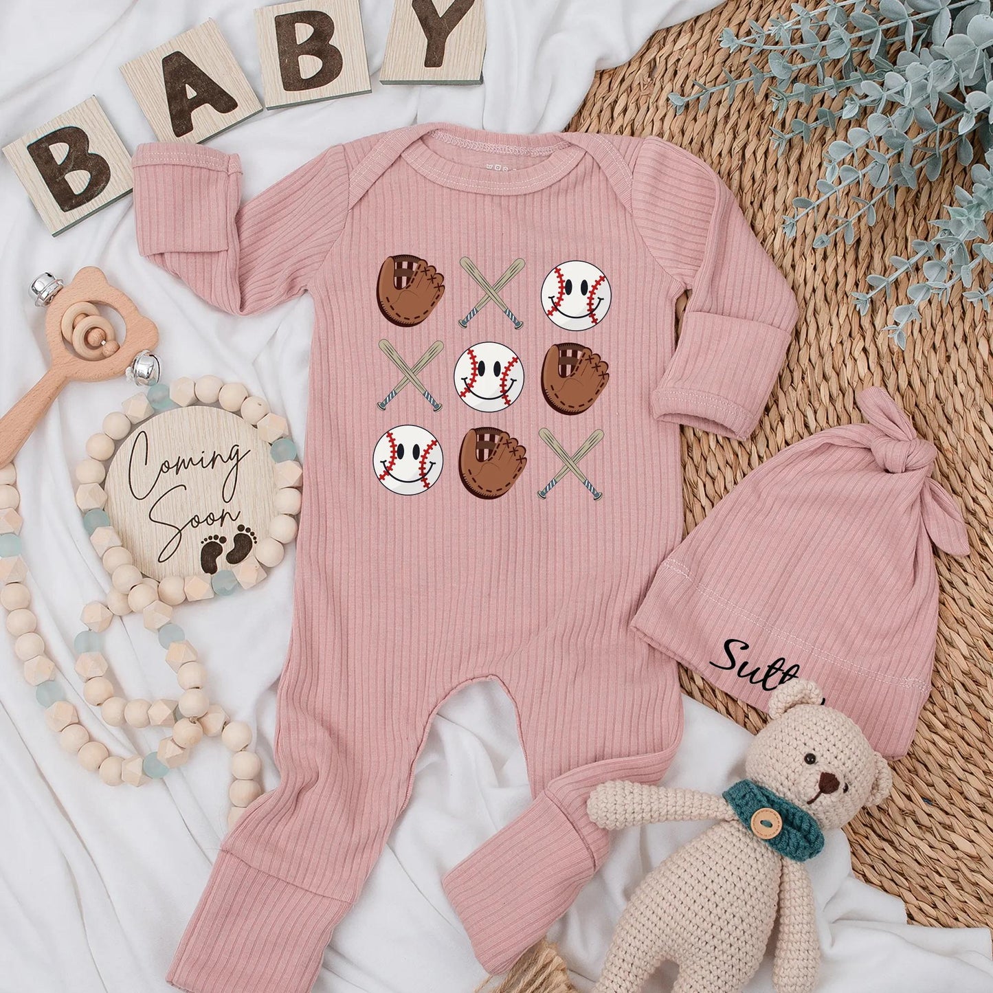 Retro Baseball Baby Bodysuit Cute Game Day Romper with Smiling Baseballs Crossed Bats Brown Gloves Playful Cartoon Design Toddler Infant Outfit