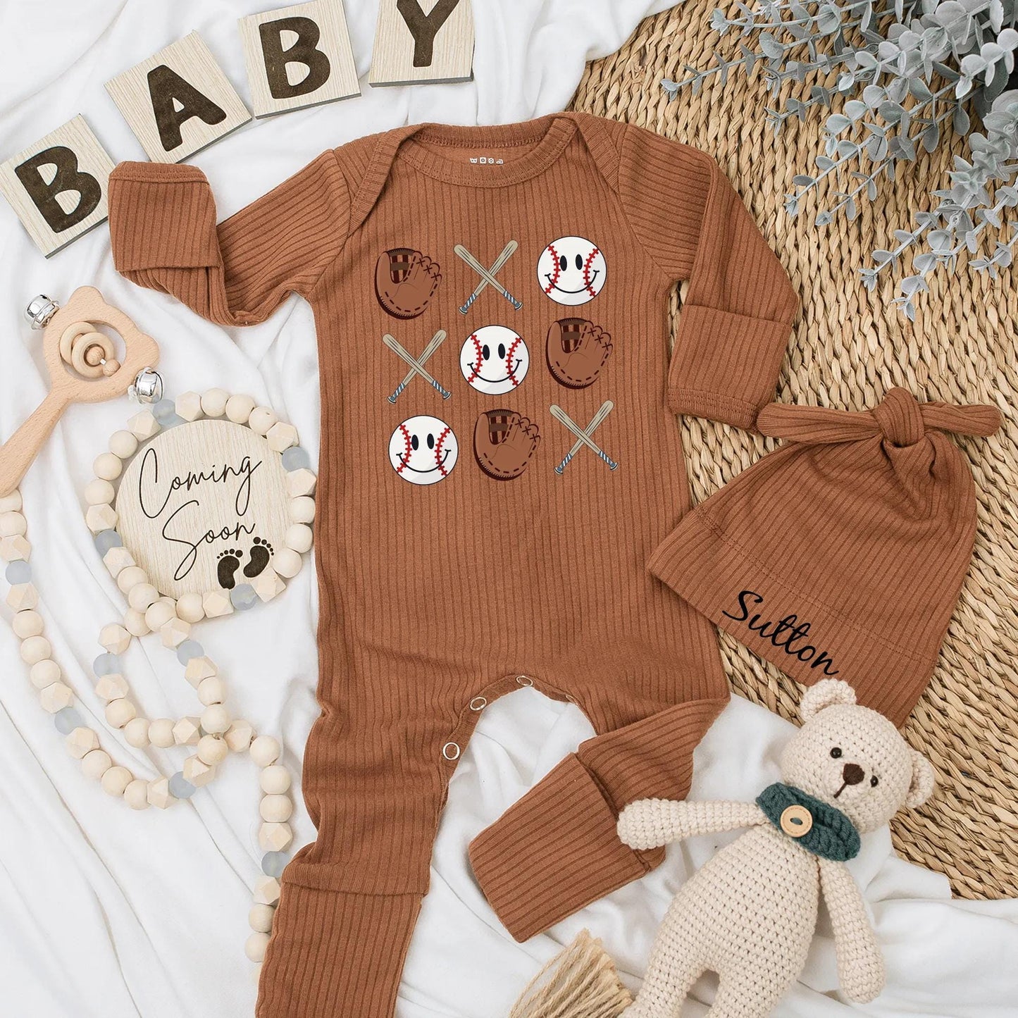 Retro Baseball Baby Bodysuit Cute Game Day Romper with Smiling Baseballs Crossed Bats Brown Gloves Playful Cartoon Design Toddler Infant Outfit