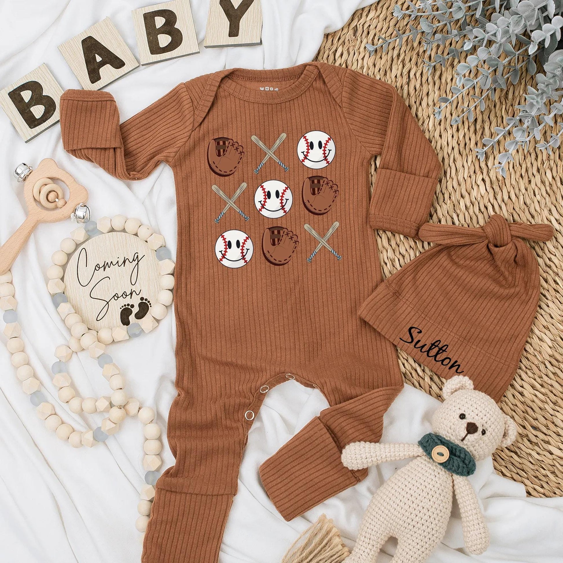 Retro Baseball Baby Bodysuit Cute Game Day Romper with Smiling Baseballs Crossed Bats Brown Gloves Playful Cartoon Design Toddler Infant Outfit