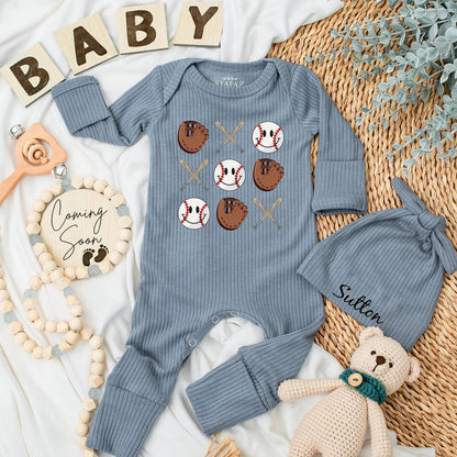 Retro Baseball Baby Bodysuit Cute Game Day Romper with Smiling Baseballs Crossed Bats Brown Gloves Playful Cartoon Design Toddler Infant Outfit