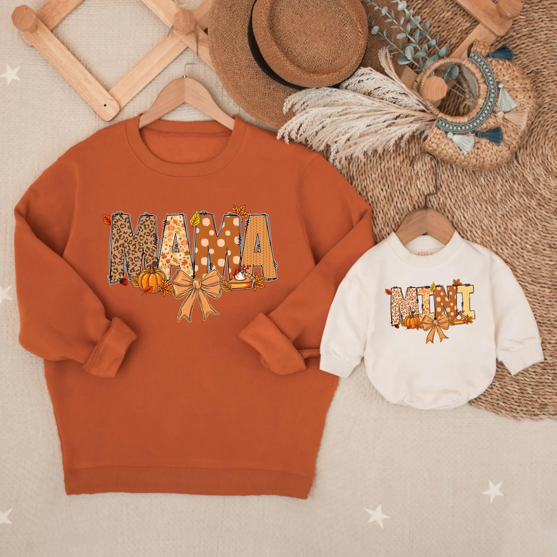Comfortable Matching Mama Mini Fall Sweatshirts for Mommy and Me Featuring Leopard Polka Dot Pumpkins Leaves Pie Festive Thanksgiving Apparel