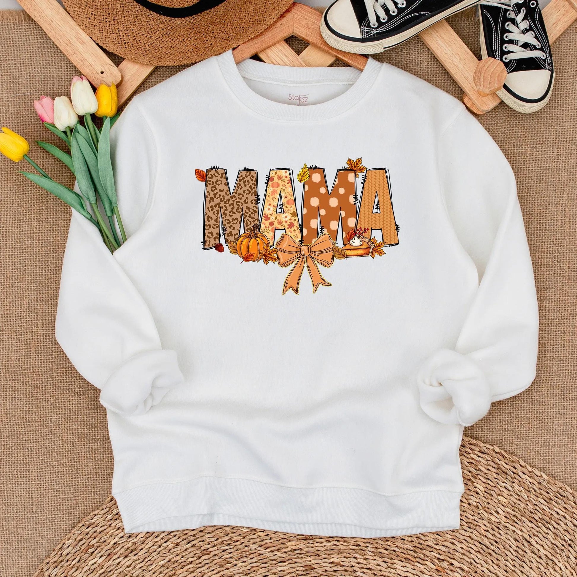Comfortable Matching Mama Mini Fall Sweatshirts for Mommy and Me Featuring Leopard Polka Dot Pumpkins Leaves Pie Festive Thanksgiving Apparel