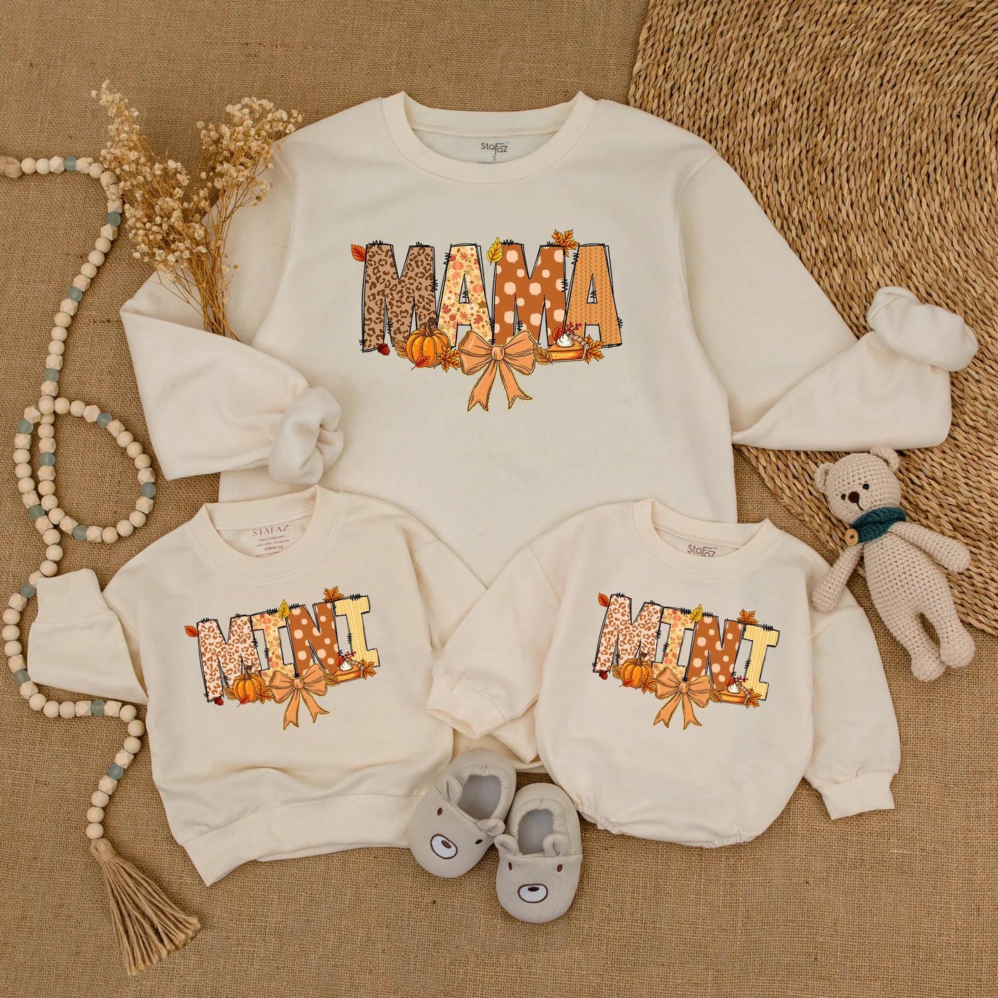 Comfortable Matching Mama Mini Fall Sweatshirts for Mommy and Me Featuring Leopard Polka Dot Pumpkins Leaves Pie Festive Thanksgiving Apparel