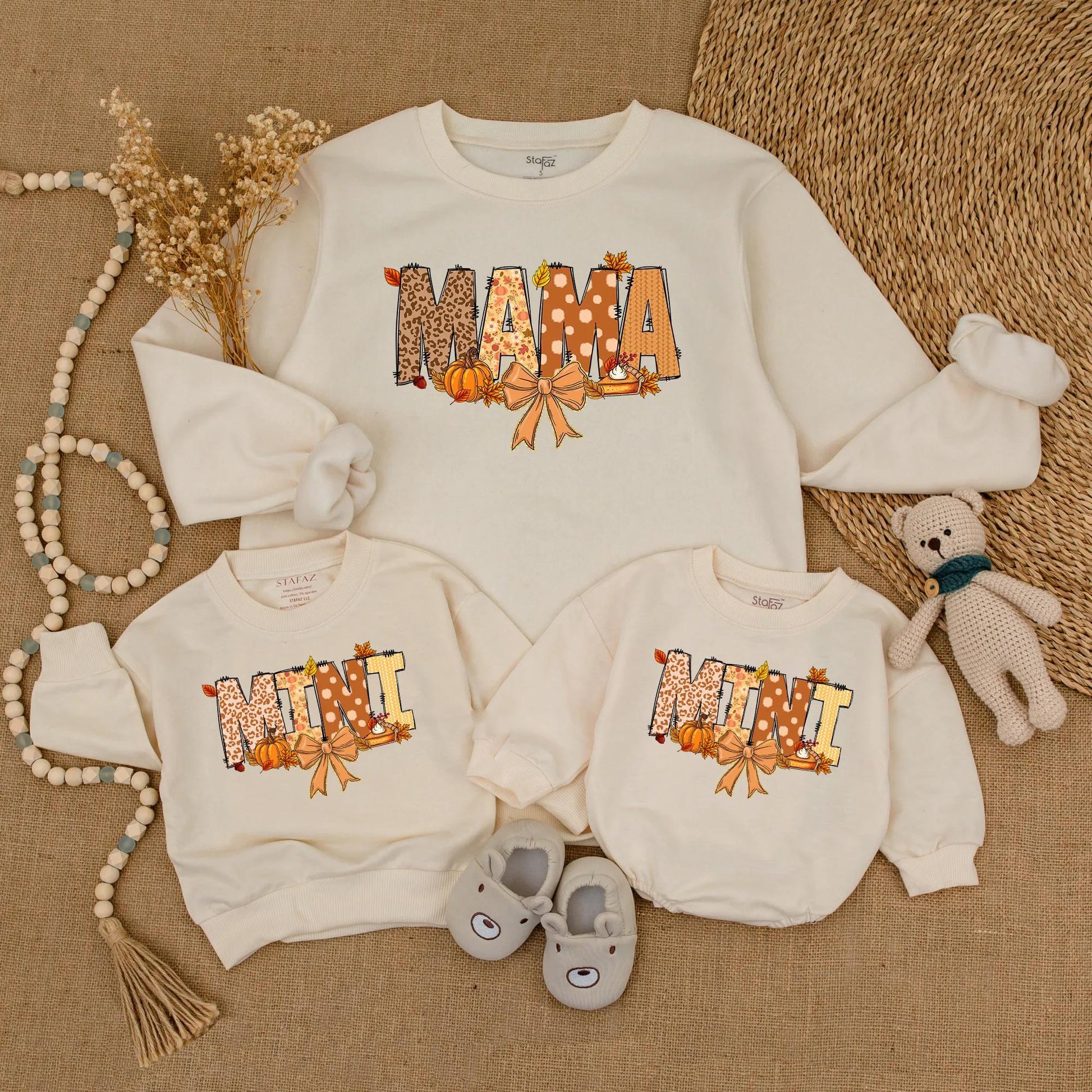Comfortable Matching Mama Mini Fall Sweatshirts for Mommy and Me Featuring Leopard Polka Dot Pumpkins Leaves Pie Festive Thanksgiving Apparel