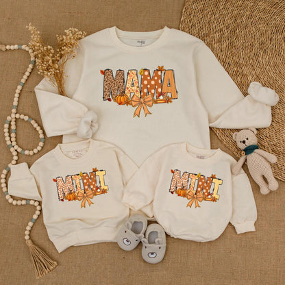 Comfortable Matching Mama Mini Fall Sweatshirts for Mommy and Me Featuring Leopard Polka Dot Pumpkins Leaves Pie Festive Thanksgiving Apparel