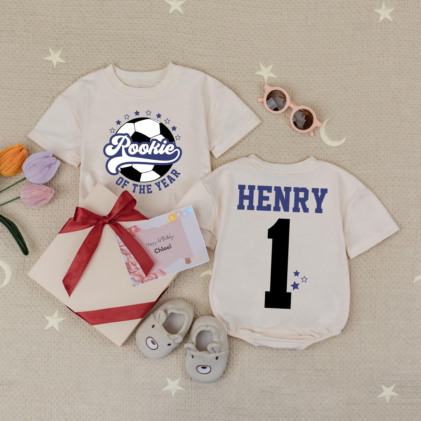 Rookie of the Year Soccer Bubble Romper Custom Name Number Blue Stars 1st Birthday Baby Boy Gameday
