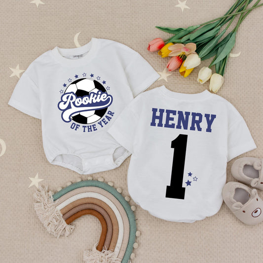 Rookie of the Year Soccer Bubble Romper Custom Name Number Blue Stars 1st Birthday Baby Boy Gameday