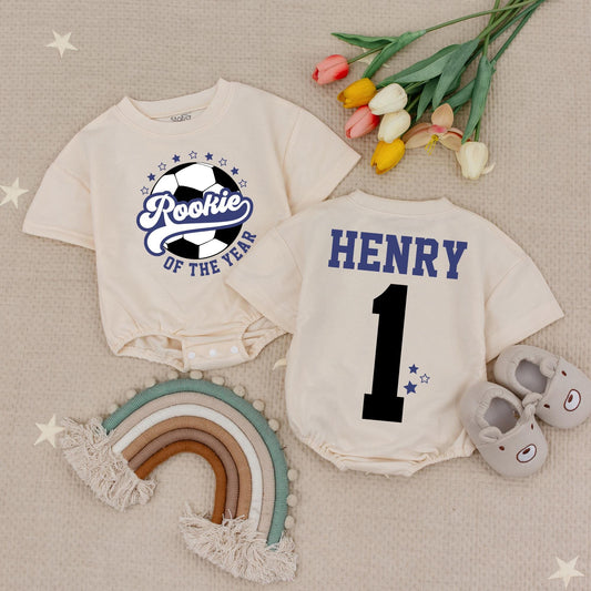 Rookie of the Year Soccer Bubble Romper Custom Name Number Blue Stars 1st Birthday Baby Boy Gameday