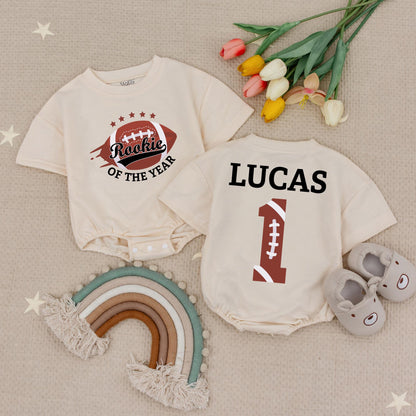 Custom Rookie of the Year 1st Birthday Boy Romper, Personalized Football Outfit, Lucas Name Shirt, Burgundy Black White Sports Design Baby