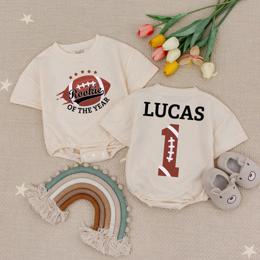 Custom Rookie of the Year 1st Birthday Boy Romper, Personalized Football Outfit, Lucas Name Shirt, Burgundy Black White Sports Design Baby