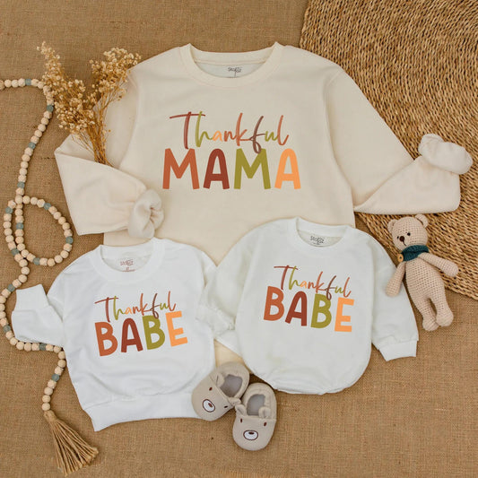 Thankful Mama Mini Babe Fall Sweatshirt Set, Thanksgiving Mommy and Me Outfit, Family Matching Sweaters, Orange Green Autumn Family Look 138 chr