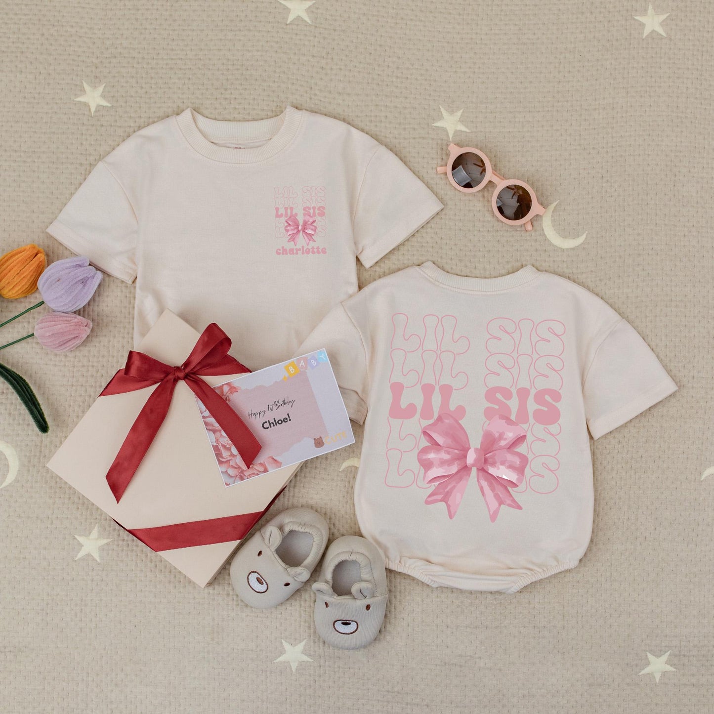 Custom Lil Sis Pink Bow Romper, Personalized Charlotte Baby Girl Outfit, Little Sister Bubble Romper Newborn Gift, Girly Babysuit