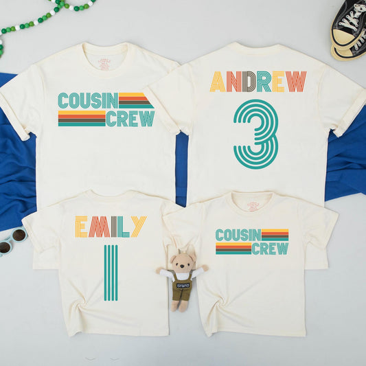 Matching Cousin Crew Shirts Retro 70s Style Custom Family Trip Tees for Kids, Personalized Andrew & Emily Cousin Club Cotton