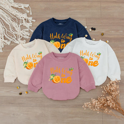 Halfway to One Baby Outfit - Orange Cursive 6 Month Birthday Romper with Cute Fruit Print for Baby Girl or Boy