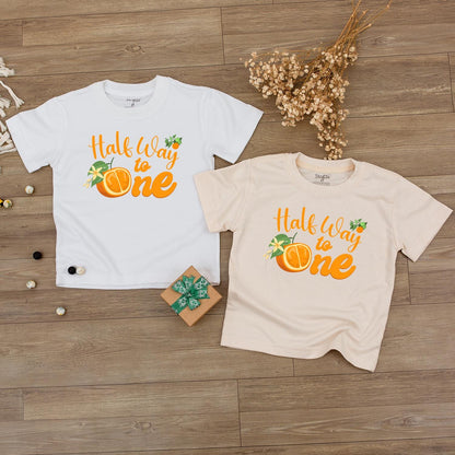 Halfway to One Baby Outfit - Orange Cursive 6 Month Birthday Romper with Cute Fruit Print for Baby Girl or Boy