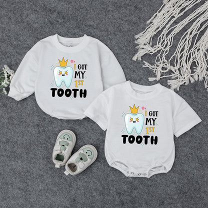My First Tooth Outfit! Crowned Tooth Baby Bodysuit – I Got My 1st Tooth Celebration Romper, Cute Milestone Gift for Boy or Girl, Sparkling Star Design, Party Clothes (139 chars)
