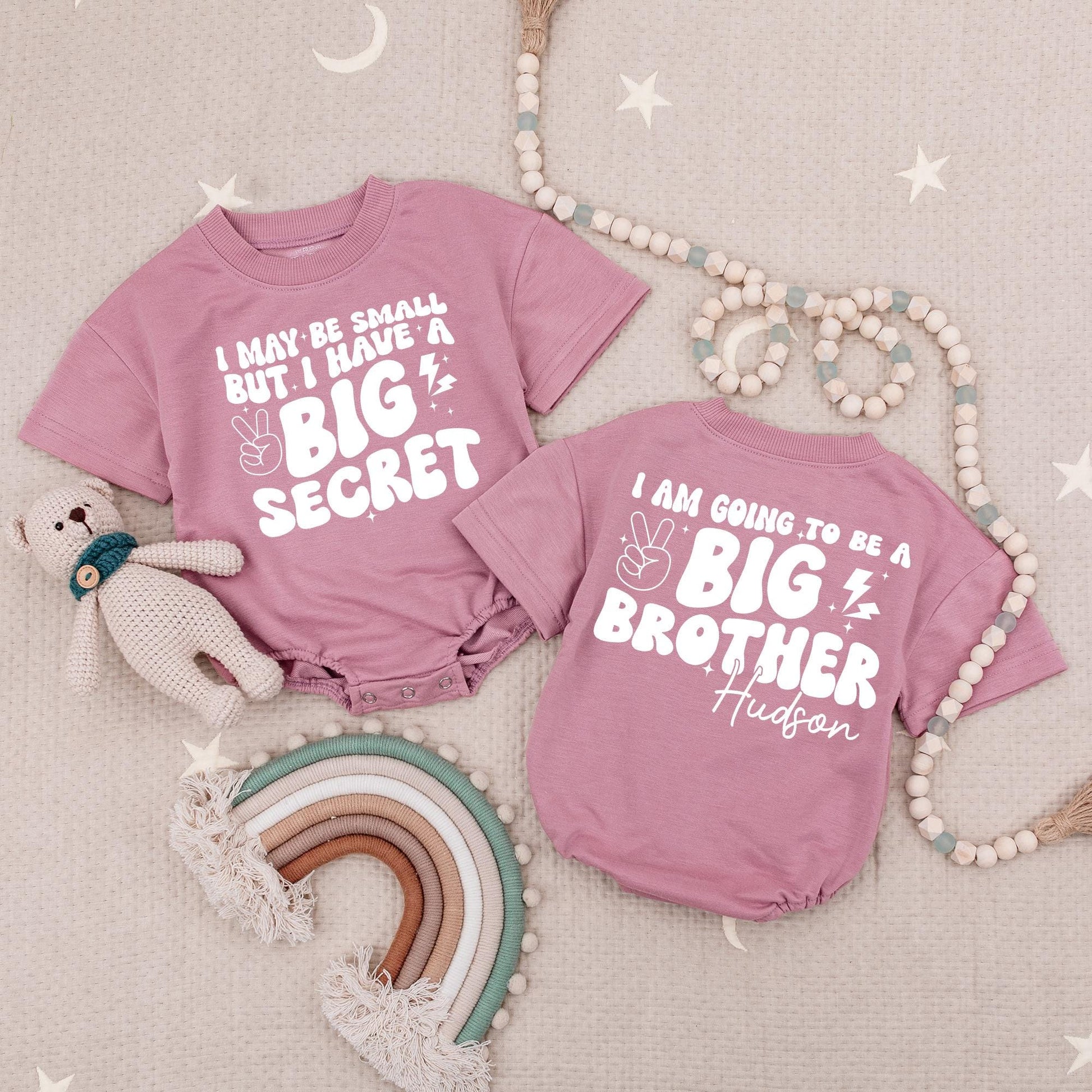 Custom Hudson Big Brother Romper Baby Reveal Peace Sign Stars Lightning Blue Modern Playful I Have A Big Secret