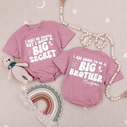 Custom Hudson Big Brother Romper Baby Reveal Peace Sign Stars Lightning Blue Modern Playful I Have A Big Secret