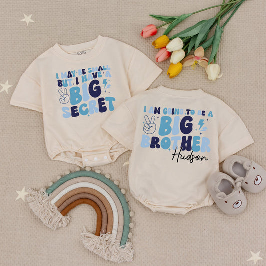 Custom Hudson Big Brother Romper Baby Reveal Peace Sign Stars Lightning Blue Modern Playful I Have A Big Secret