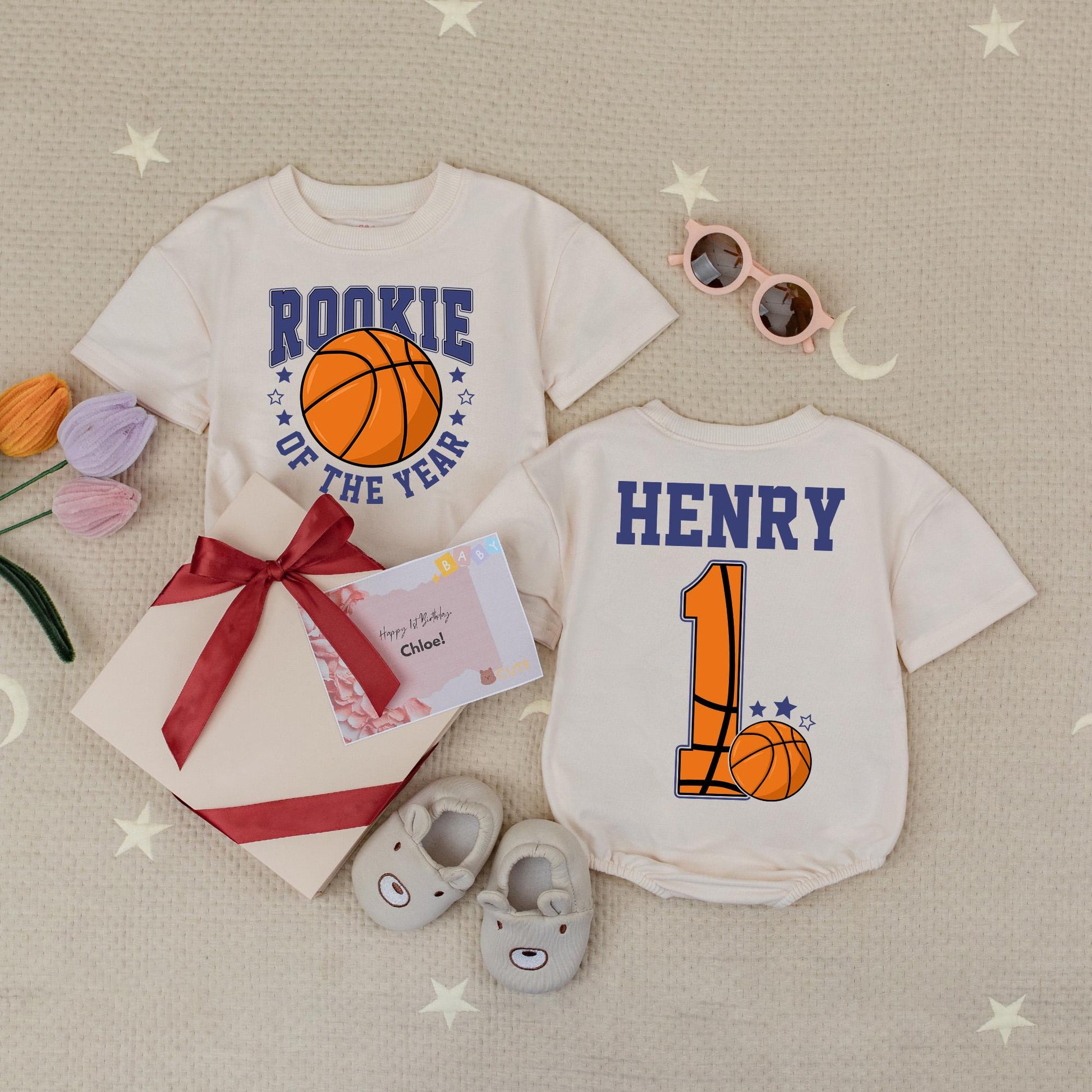 Rookie of the Year Basketball Romper Baby Boy Girl First Birthday Outfit Orange Navy Stars