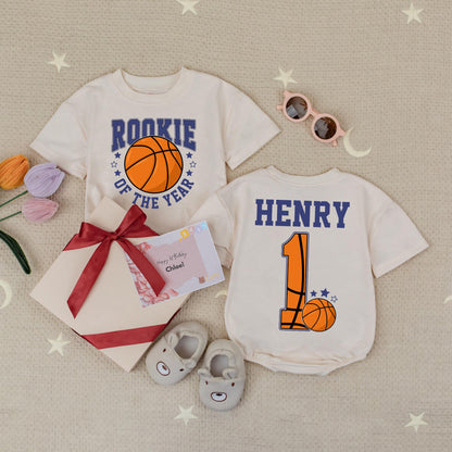 Rookie of the Year Basketball Romper Baby Boy Girl First Birthday Outfit Orange Navy Stars