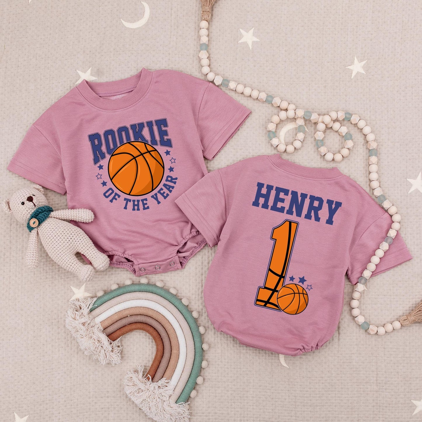 Rookie of the Year Basketball Romper Baby Boy Girl First Birthday Outfit Orange Navy Stars